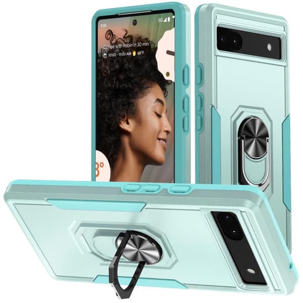Google Pixel 6A Stødsikker TPU+PC Kickstand Telefontaske Bilmonteret Metalplade - Grøn