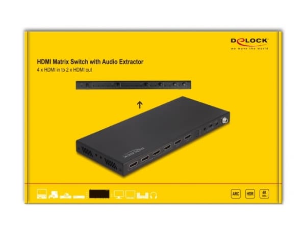 Delock - Video/audio switch - HDMI, matrix, 4K 60 Hz, with audio extractor - 4 x 2 - stasjonær, veggmonterbar