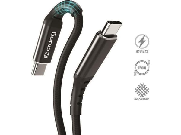 Crong Armor Link - 60W 3A USB-C til USB-C flettet kabel 25cm (svart)