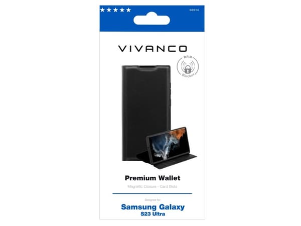 Vivanco Premium -esite Samsung Galaxy S23 Ultra Sort Standerfunktion