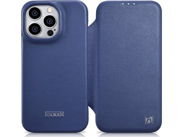 iCarer CE Premium lærveske for iPhone 14 Pro Max Magnetic Flip Lærveske MagSafe Blue (WMI14220716-BU)