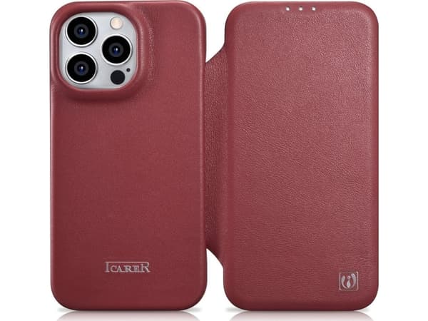 "iCarer CE Premium Nahka folio asia iPhone 14 Pro Max Magneettinen Flip Cover MagSafe punainen (WMI14220716-RD)