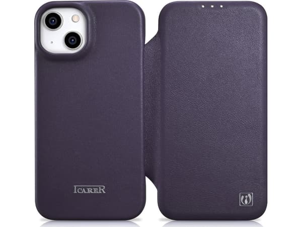 iCarer CE Premium Lærveske iPhone 14 Plus Magnetic Flip Lærveske MagSafe Dark Purple (WMI14220715-DP)
