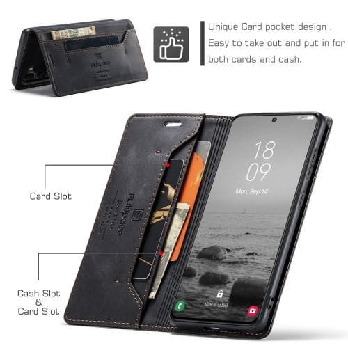 AUTSPACE A01 Retro tegnebog taske til Samsung Galaxy S23 - Sort