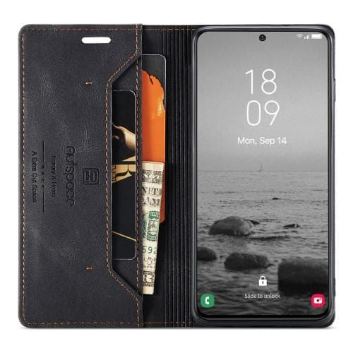 AUTSPACE A01 Retro tegnebog taske til Samsung Galaxy S23 - Sort
