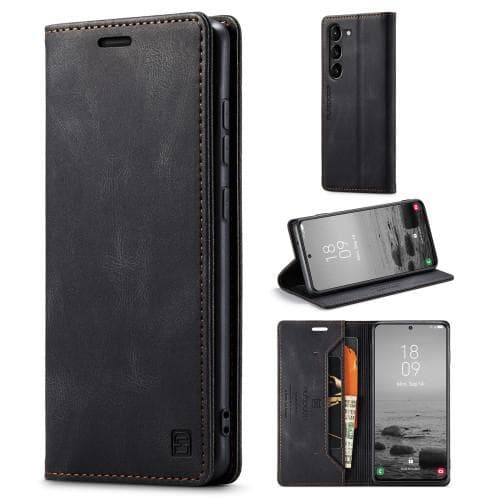 AUTSPACE A01 Retro tegnebog taske til Samsung Galaxy S23 - Sort