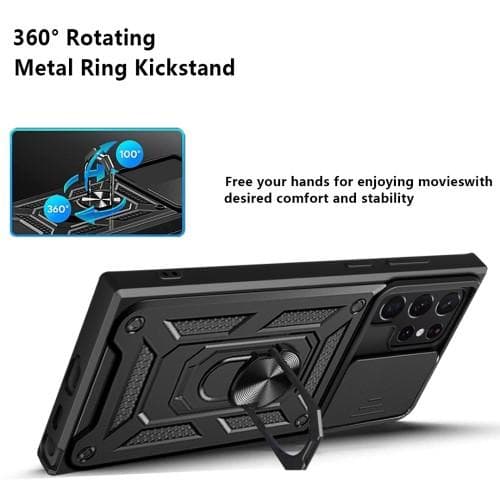 Samsung Galaxy S23 Ultra Hybrid Deksel Med Fingerring & Metallplate - Svart