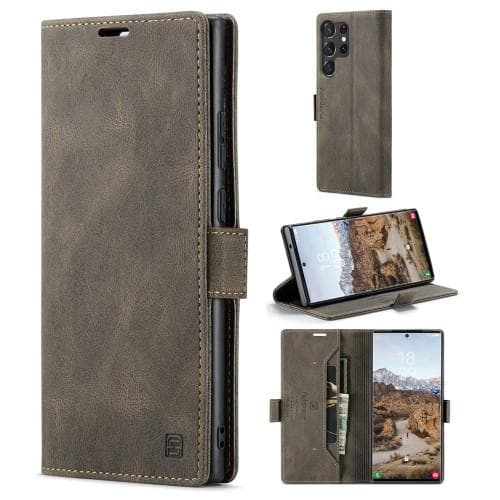 AUTSPACE A01 Retro tegnebog taske til Samsung Galaxy S23 Ultra - Kaffe