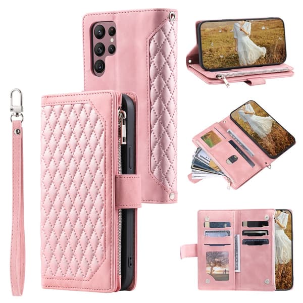 Samsung Galaxy S23 Ultra Plånboksväska Vadderad Rosa