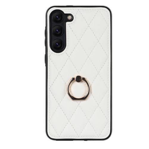 Samsung Galaxy S23 Etui Rhombus Grid Mønster Bagdæksring Stativ - Hvid