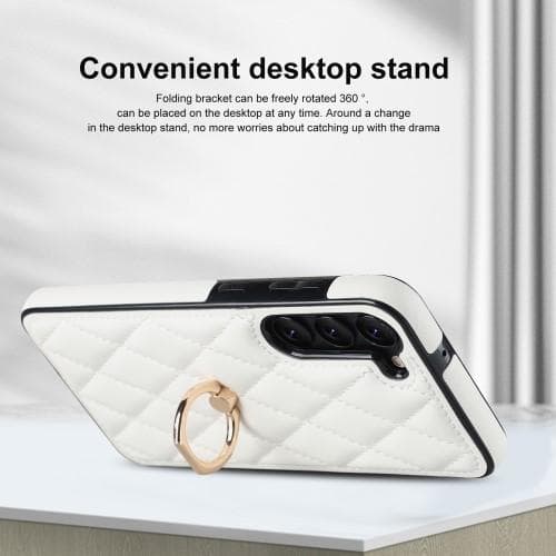 Samsung Galaxy S23 Etui Rhombus Grid Mønster Bagdæksring Stativ - Hvid