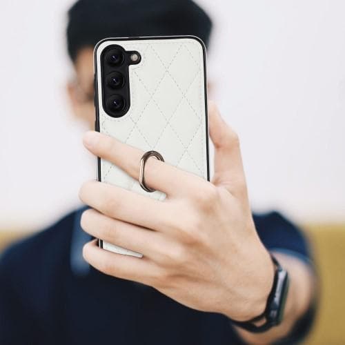 Samsung Galaxy S23 Etui Rhombus Grid Mønster Bagdæksring Stativ - Hvid