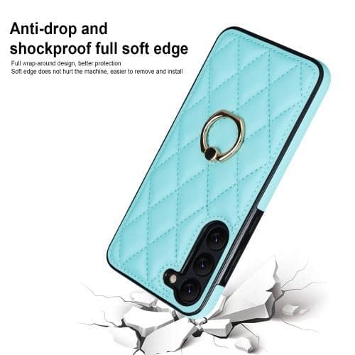 Samsung Galaxy S23 Rhombus Grid Mönster Skal FingerRing - Sky Blue