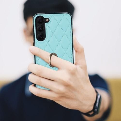 Samsung Galaxy S23 Rhombus Grid Mönster Skal FingerRing - Sky Blue