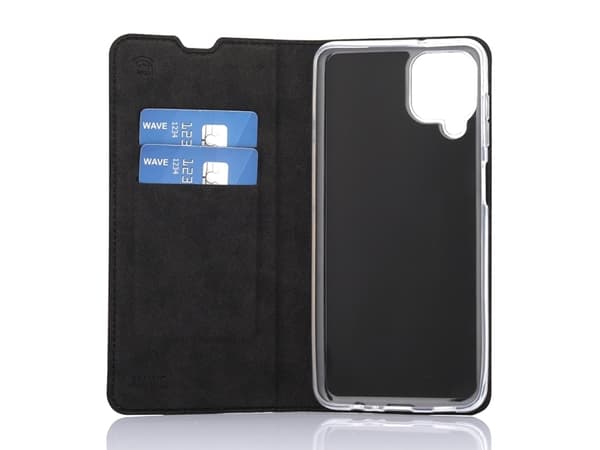 Wave BookCase -suojakotelo, Samsung Galaxy A12, musta