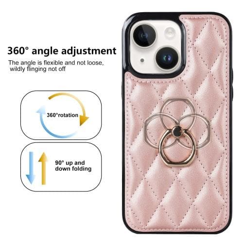 iPhone 14 Rhombus Grid Mönster Skal FingerRing - Rose Gold