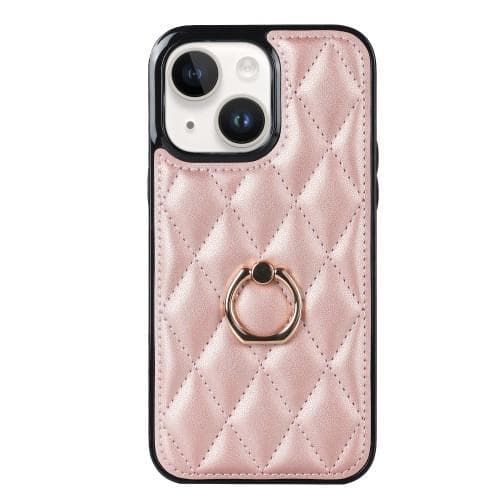 iPhone 14 Rhombus Grid Mönster Skal FingerRing - Rose Gold