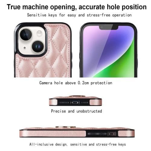 iPhone 14 Rhombus Grid Mönster Skal FingerRing - Rose Gold