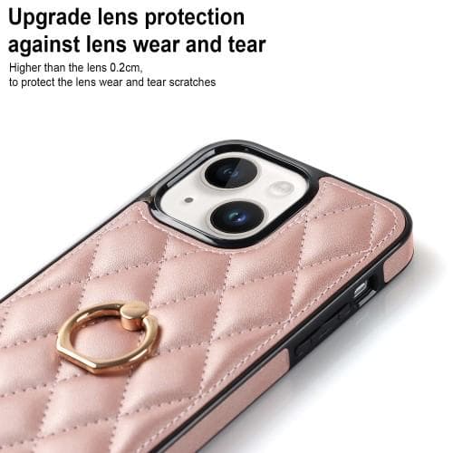 iPhone 14 Rhombus Grid Mönster Skal FingerRing - Rose Gold