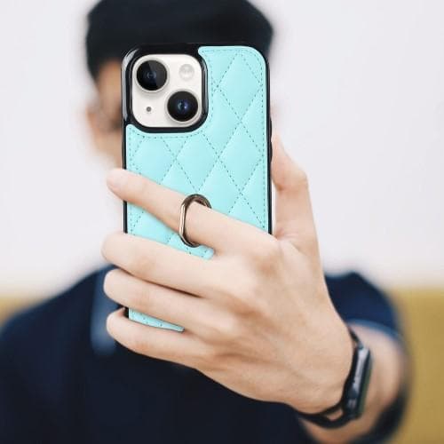 iPhone 14 Rhombus Grid Mönster Skal FingerRing - Sky Blue