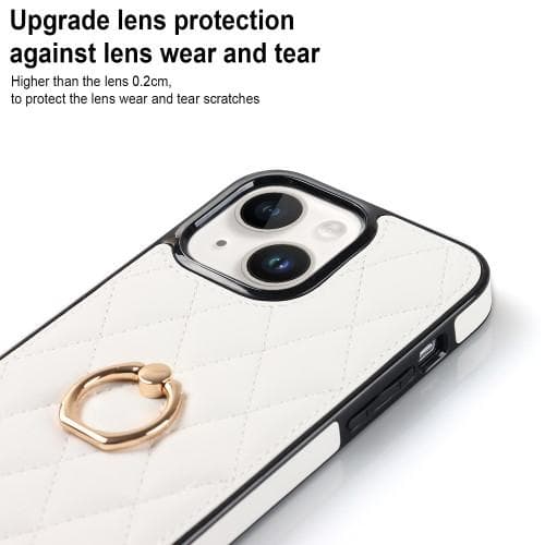iPhone 14 Etui Rhombus Grid Pattern Bagcoverring Kickstand - Hvid