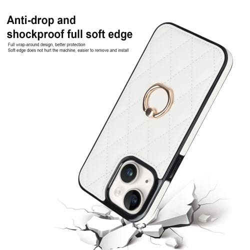 iPhone 14 Etui Rhombus Grid Pattern Bagcoverring Kickstand - Hvid