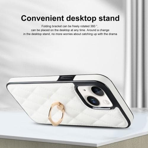 iPhone 14 Etui Rhombus Grid Pattern Bagcoverring Kickstand - Hvid