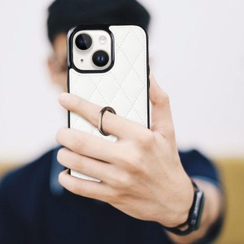 iPhone 14 Etui Rhombus Grid Pattern Bagcoverring Kickstand - Hvid