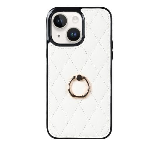 iPhone 14 Etui Rhombus Grid Pattern Bagcoverring Kickstand - Hvid