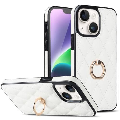 iPhone 14 Etui Rhombus Grid Pattern Bagcoverring Kickstand - Hvid