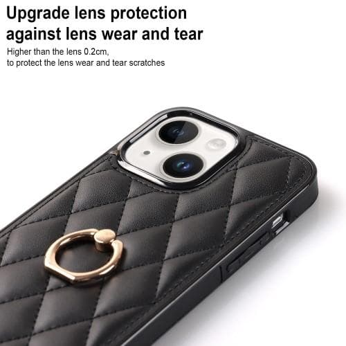 iPhone 14 Rhombus Grid Mönster Skal FingerRing - Svart