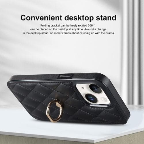 iPhone 14 Rhombus Grid Mönster Skal FingerRing - Svart