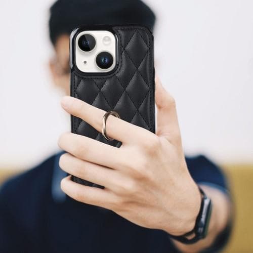 iPhone 14 Rhombus Grid Mönster Skal FingerRing - Svart