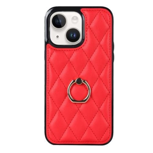 iPhone 14 Rhombus Grid Mönster Skal FingerRing - Röd
