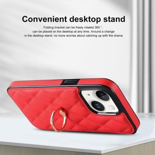 iPhone 14 Rhombus Grid Mönster Skal FingerRing - Röd
