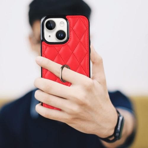 iPhone 14 Rhombus Grid Mönster Skal FingerRing - Röd
