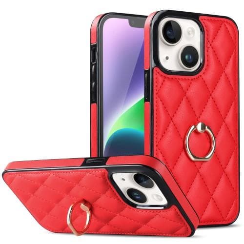 iPhone 14 Rhombus Grid Mönster Skal FingerRing - Röd