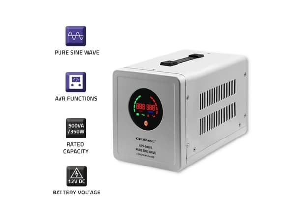 Qoltec 50716 Uafbrydelig strømforsyning Pure Sine Wave UPS | 500VA | 350W | konstant fase | Grå