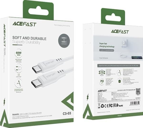 Acefast-kabel USB Type C - USB Type C 1,2m, 60W (20V/3A) hvit (C3-03 hvit)