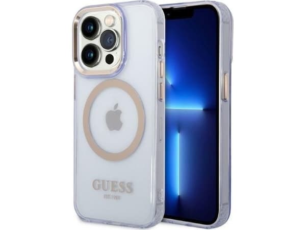 Guess GUHMP14LHTCMU iPhone 14 Pro 6.1 violetti / violetti kova kotelo kultainen ääriviivat läpikuultava MagSafe