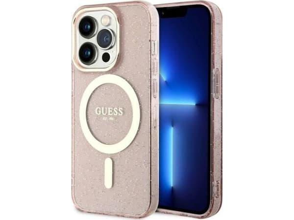 Guess GUHMP14XHCMCGP iPhone 14 Pro Max 6.7" vaaleanpunainen / vaaleanpunainen kova kotelo Glitter Gold MagSafe