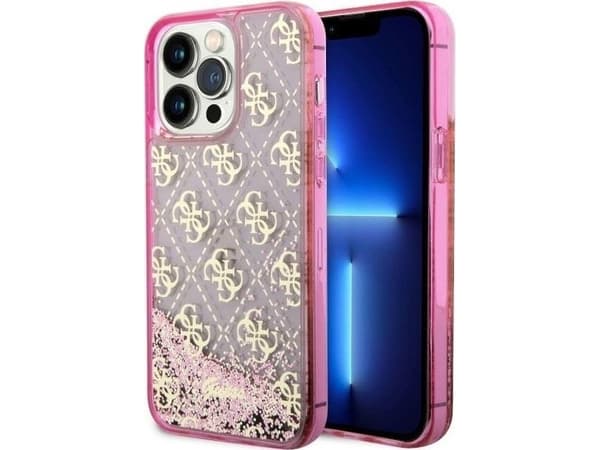 Originalt frontpaneldeksel GUESS GUHCP14XLC4PSGP for iPhone 14 PRO MAX (Liquid Glitter 4G Transparent/Pink)