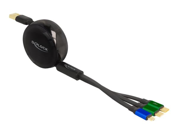 Delock - USB-kabel - USB (hane) till mikro-USB typ B, 24 pin USB-C (hane) - USB 2.0 - 10 V - 3 A - 1.13 m - indragbar, platt, up to 480 Mbps - svart