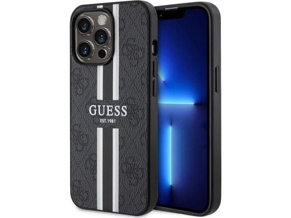 Guess GUHMP13LP4RPSK iPhone 13 Pro / 13 6,1" svart/svart hardt deksel, 4G-trykte strimler MagSafe