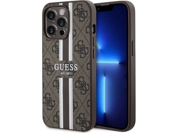 Apple iPhone 13 Pro Guess dėklas 4G Printed Stripe MagSafe (GUHMP13LP4RPSW) rudos spalvos