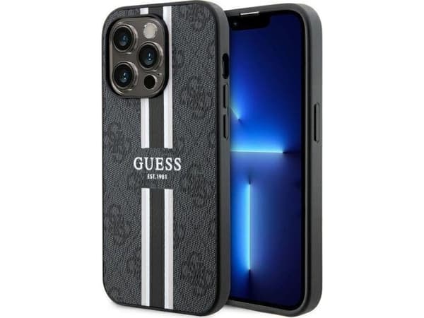 Guess telefono dėklas iPhone 14 Pro Max 6,7 GUHMP14XP4RPSK juodas hard telefono dėklas 4G Printed Stripes MagSafe