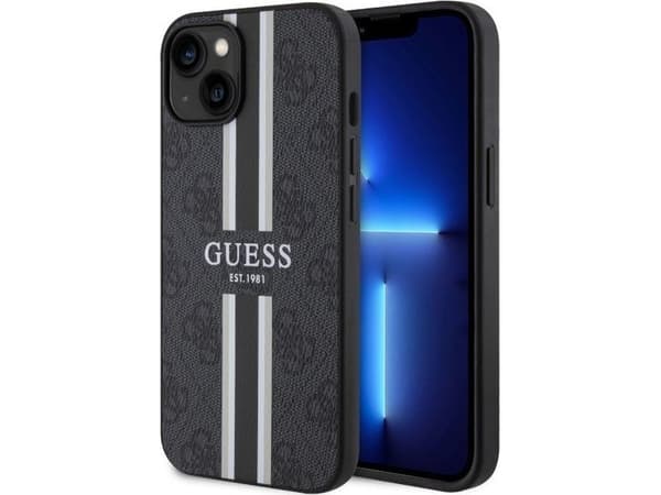 Originalt frontpaneldeksel GUESS GUHMP14SP4RPSK for iPhone 14 (Magsafe 4G trykte striper / svart)