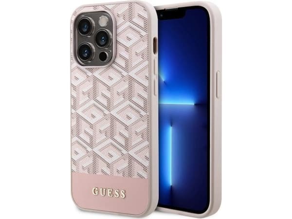 Aito GUESS GUHMP14XHGCFSEP Etupaneeli Kotelo iPhone 14 PRO MAX (Magsafe GCUBE raidat / vaaleanpunainen)
