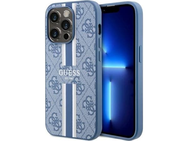 Guess telefono dėklas iPhone 14 Pro 6,1 GUHMP14LP4RPSB mėlynas hardtelefono dėklas Magsafe 4G Printed Stripes