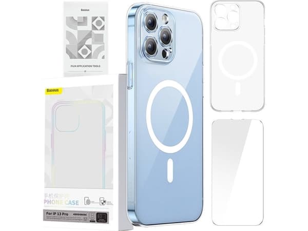 Baseus Baseus Magnetic Crystal Clear beskyttelsesdeksel for iPhone 13 Pro (gjennomsiktig) + herdet glass + rengjøringsmiddel